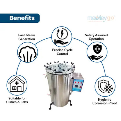 kaarya Vertical Autoclave 80L Double Walled Heavy Duty SS with Digital Tempurature Timer Alram 16x27 Inch